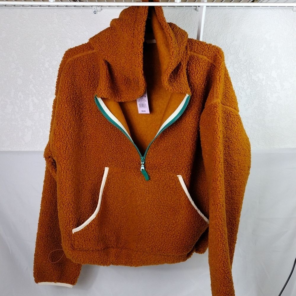 Women's Half-Zip Sherpa Anorak Hoodie Jacket -  Rust Color - Picture 7 of 8